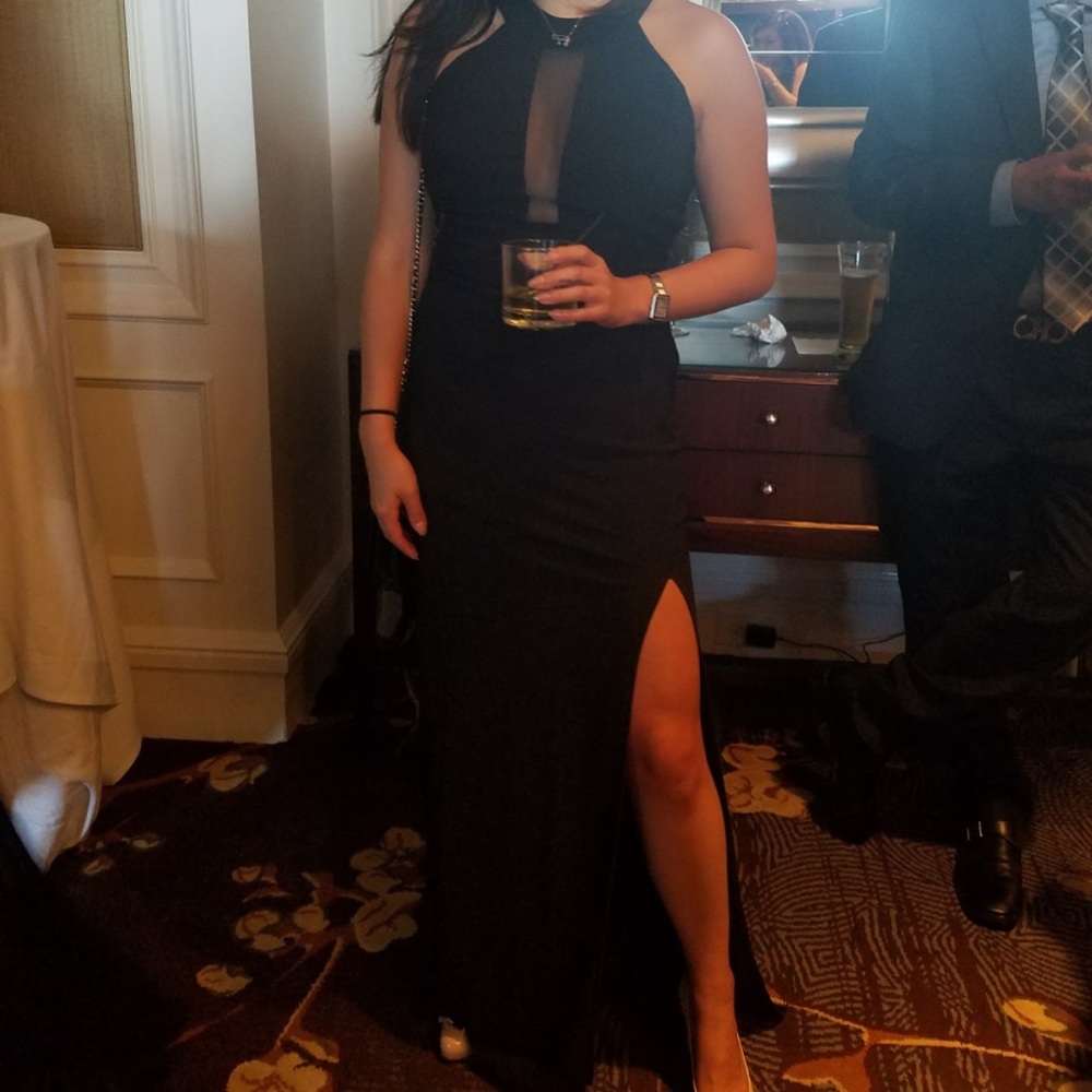 Emerald Sundae Sheer-Inset Halter Gown w/ Slit